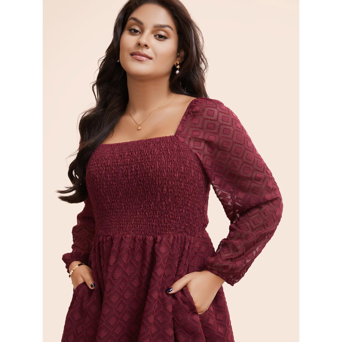 Plus Size Square Neck Textured Mesh Shirred Dress Burgundy Women Elegant Texture Square Neck Long Sleeve Curvy BloomChic 10/M Product Image