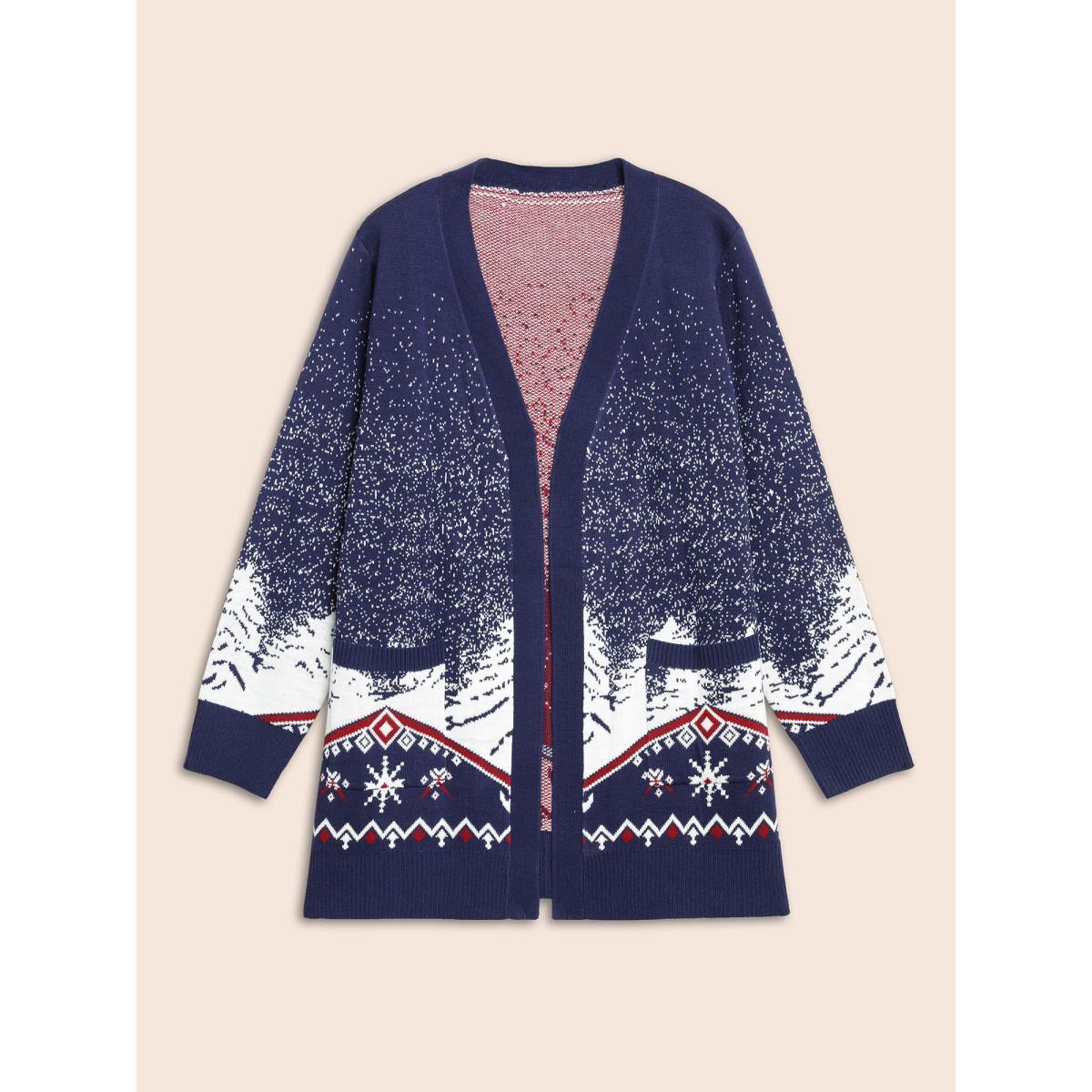 Plus Size Snowy Trees Print V-neck Open Cardigan Indigo Women Casual Loose Long Sleeve Everyday Cardigans BloomChic 26/4X Product Image
