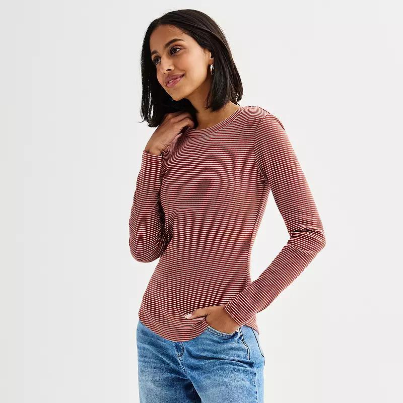 Women's Sonoma Goods For Life® Rib Slim Fit Long Sleeve Tee, Size: XL, Frost Black Stripe Product Image