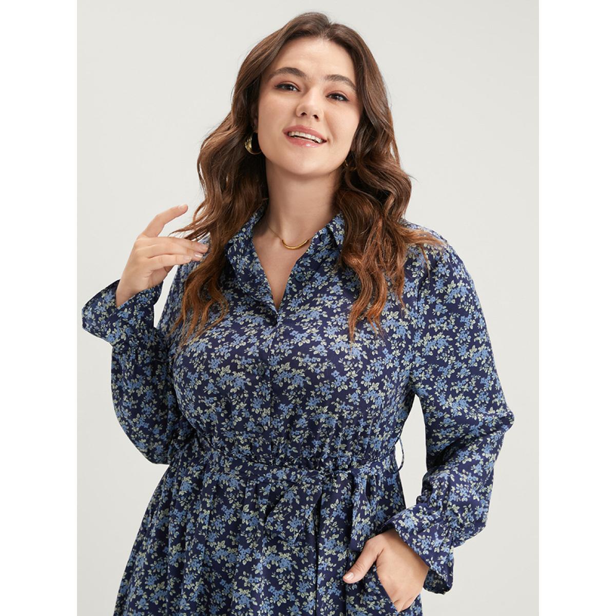 Plus Size Ditsy Floral Pocket Belted Shirt Collar Dress Indigo Women Elegant Elastic Waist Shirt collar Long Sleeve Curvy Midi Dress BloomChic 10/M Product Image