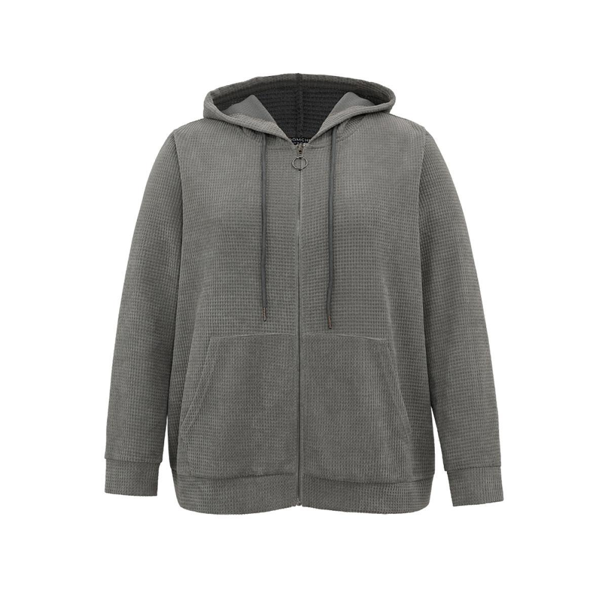 Plus Size Waffle Knit Plain Hooded Pocket Thick Sweatshirt Women DimGray Casual Waffle Knit Hooded Dailywear Sweatshirts BloomChic 14-16/1X Product Image