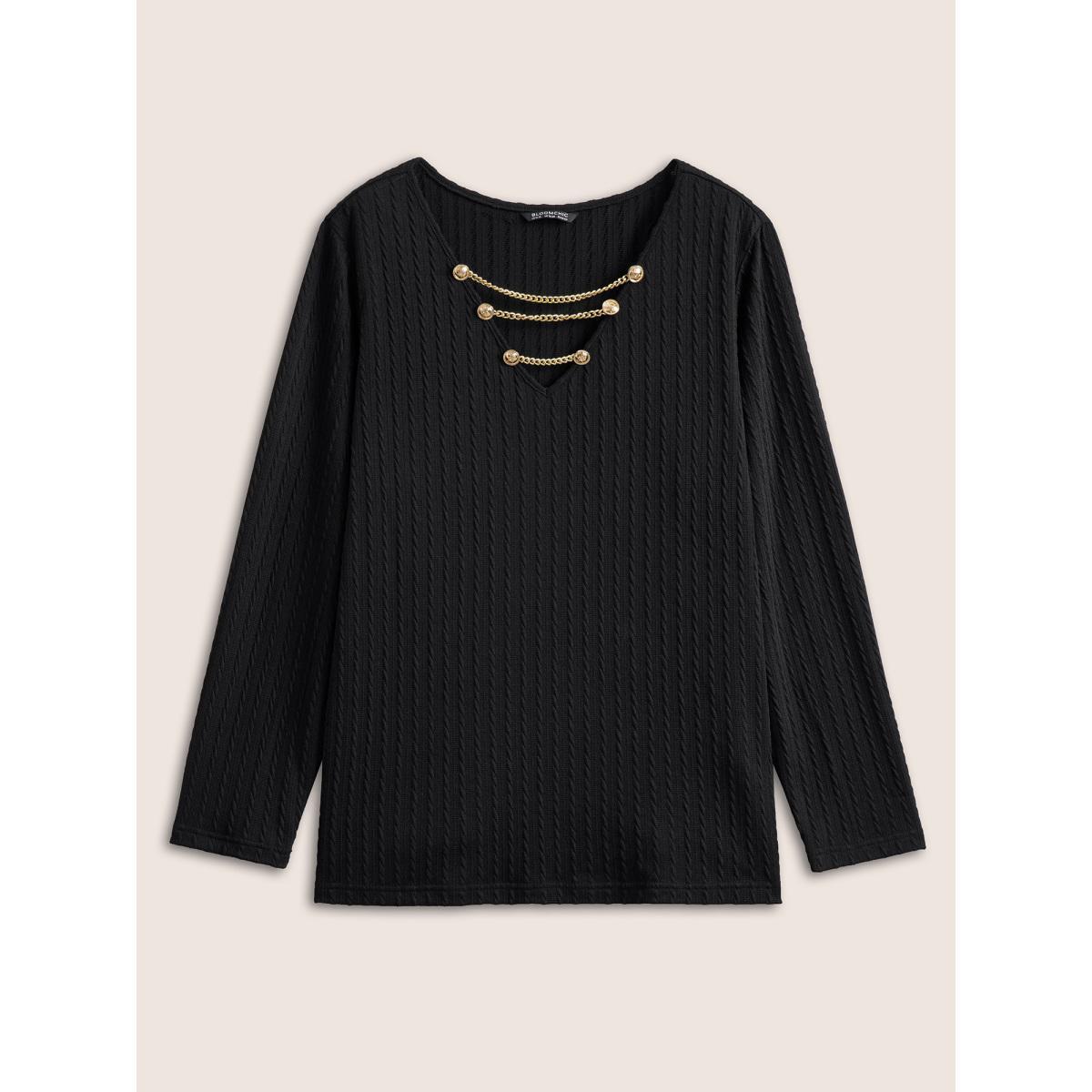 Plus Size Plain Textured Metal Chain Detail T-shirt Black Women Elegant Texture Plain V-neck Everyday T-shirts BloomChic 10/M Product Image