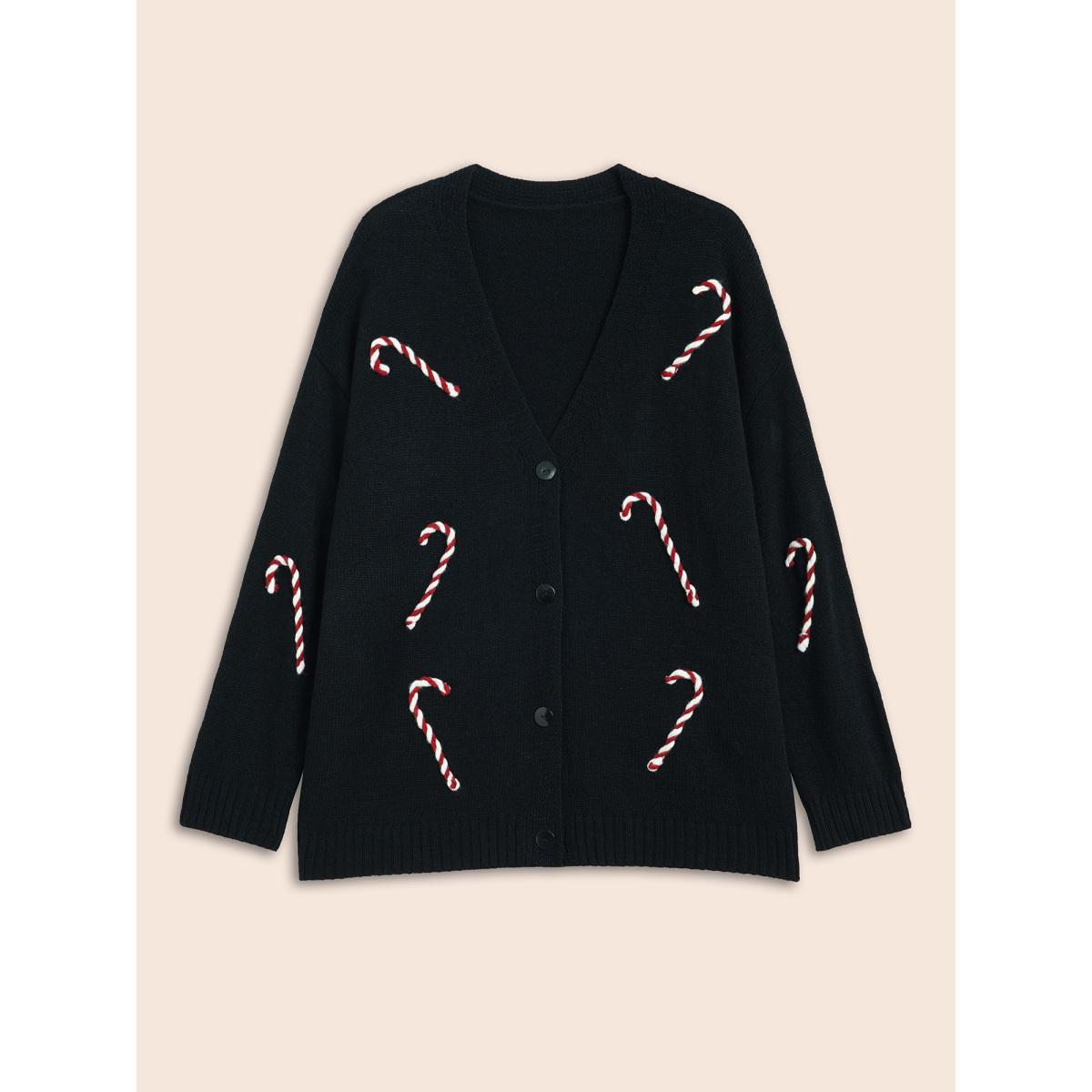 Plus Size Hand Crocheted Candy Cane V-neck Cardigan Black Women Casual Loose Long Sleeve Everyday Cardigans BloomChic 12/L Product Image