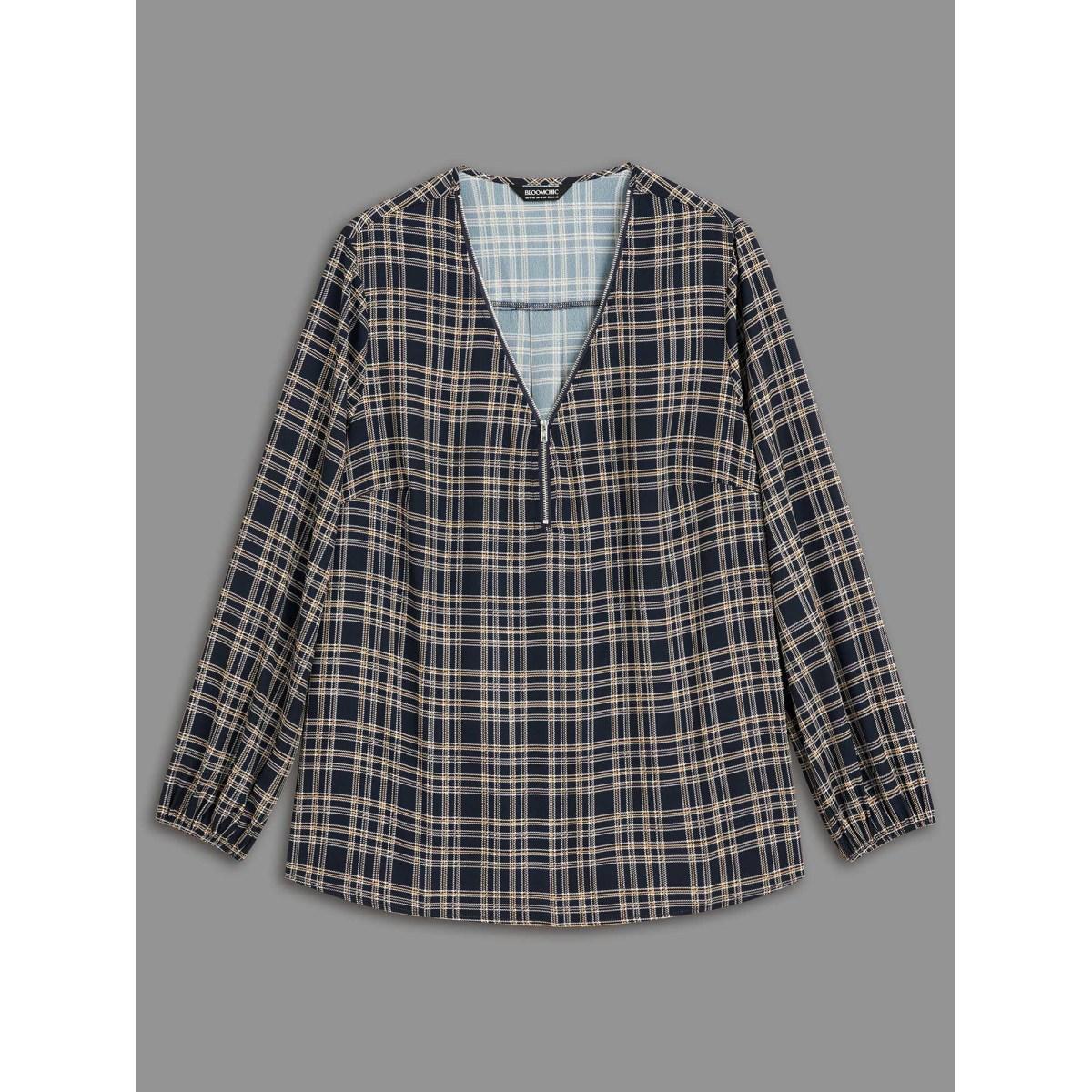 Plus Size Indigo Plaid Zipper Front Lantern Sleeve Blouse Women Elegant Long Sleeve V-neck Everyday Blouses BloomChic 12/L Product Image