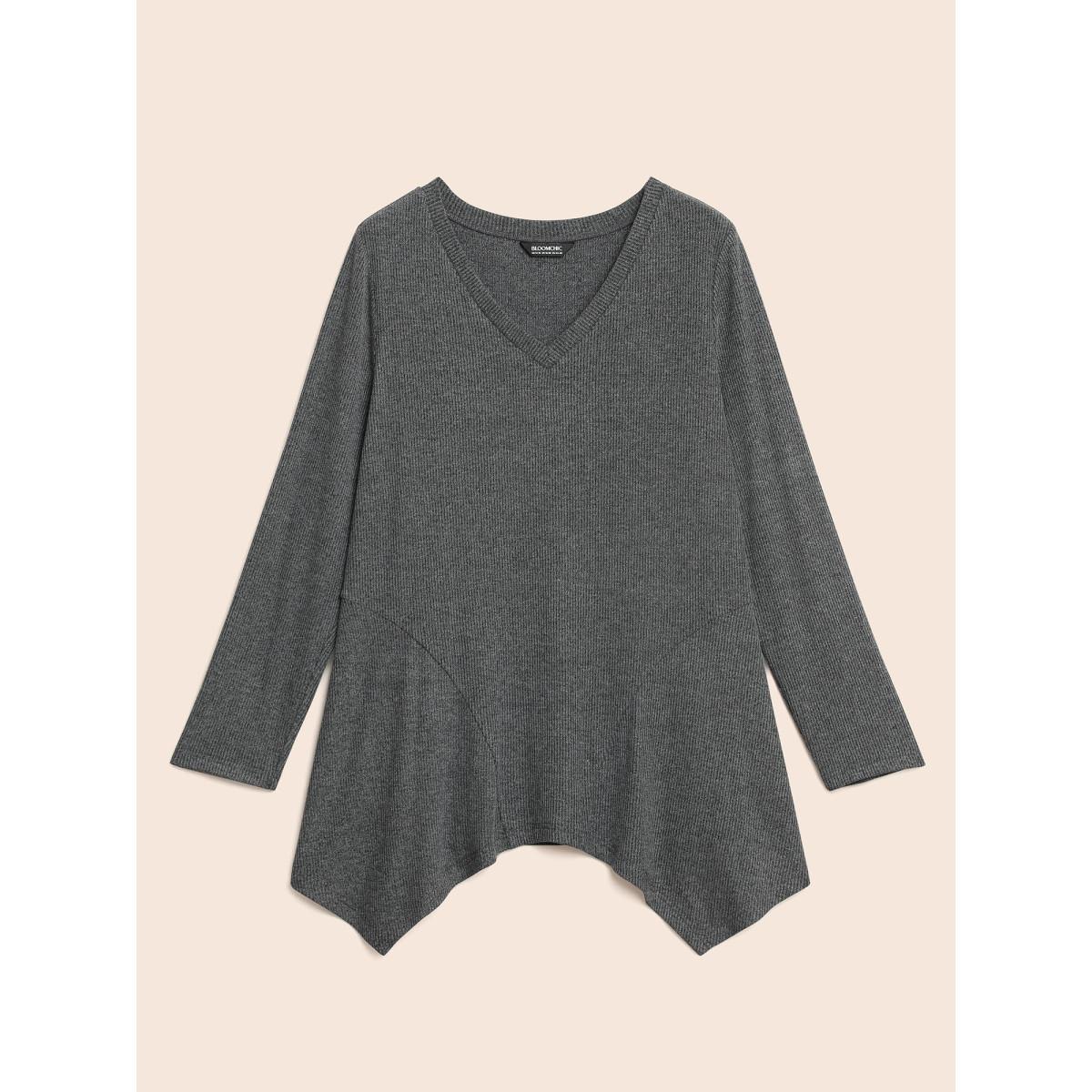 Plus Size Solid V Neck Asymmetrical Hem T-shirt DimGray Women Casual Texture V-neck Bodycon Everyday T-shirts BloomChic 14-16/1X Product Image