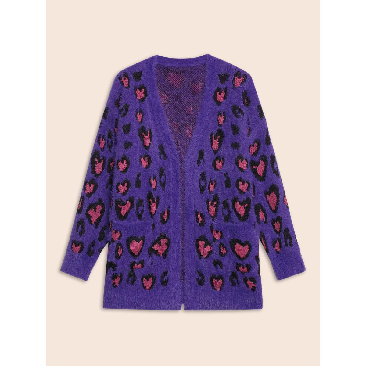 Plus Size Leopard Print Fluffy Patch Pocket Cardigan Deeppurple Women Casual Loose Long Sleeve Everyday Cardigans BloomChic 30/6X Product Image