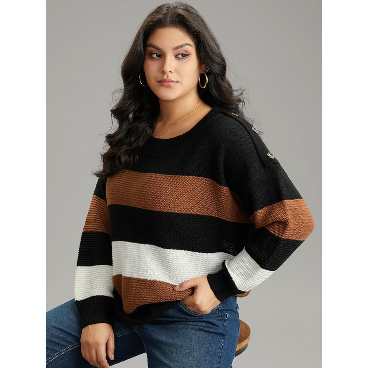 Plus Size Colorblock Contrast Button Detail Crew Neck Pullover Black Women Casual Loose Long Sleeve Round Neck Everyday Pullovers BloomChic 28/5X Product Image