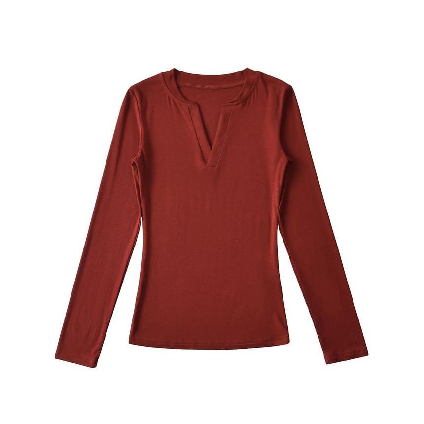 Long-Sleeve Notched Plain Top Product Image