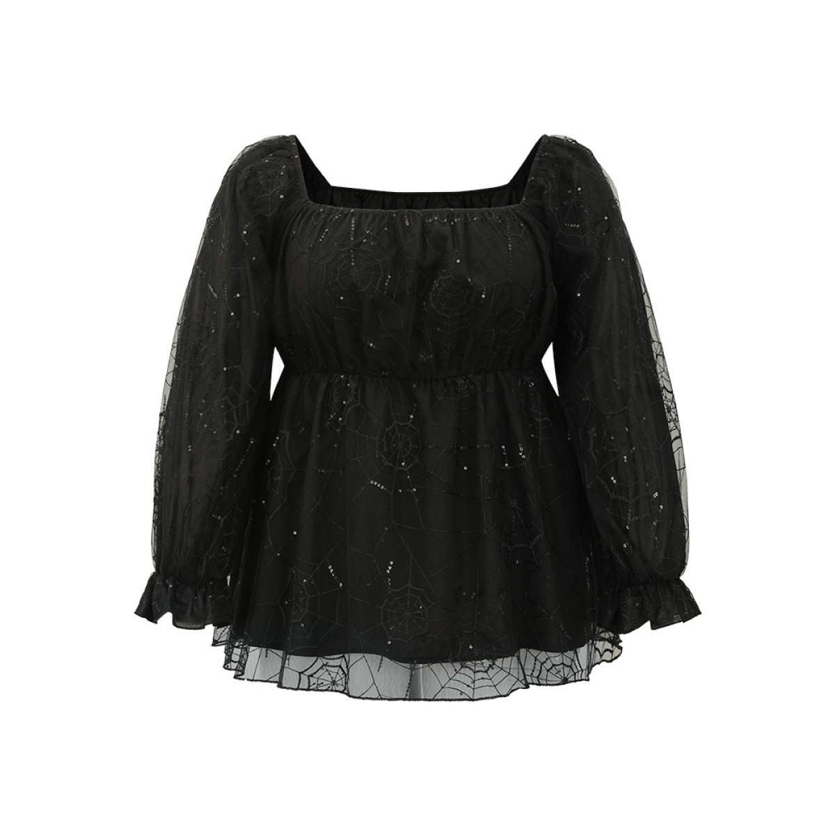 Plus Size Black Halloween Square Neck Spider Web Crochet Lace Mesh Blouse Women Glamour Long Sleeve Square Neck Festival-Halloween Blouses BloomChic 12/L Product Image