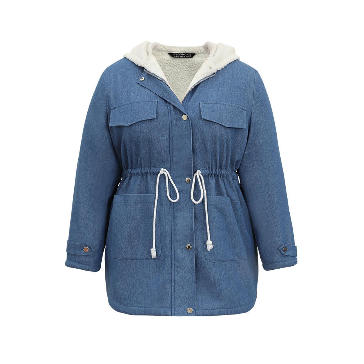 Plus Size Denim Patchwork Fuzzy Trim Drawstring Hooded Coat Women LightBlue Casual Contrast Ladies Dailywear Winter Coats BloomChic 28/5X Product Image
