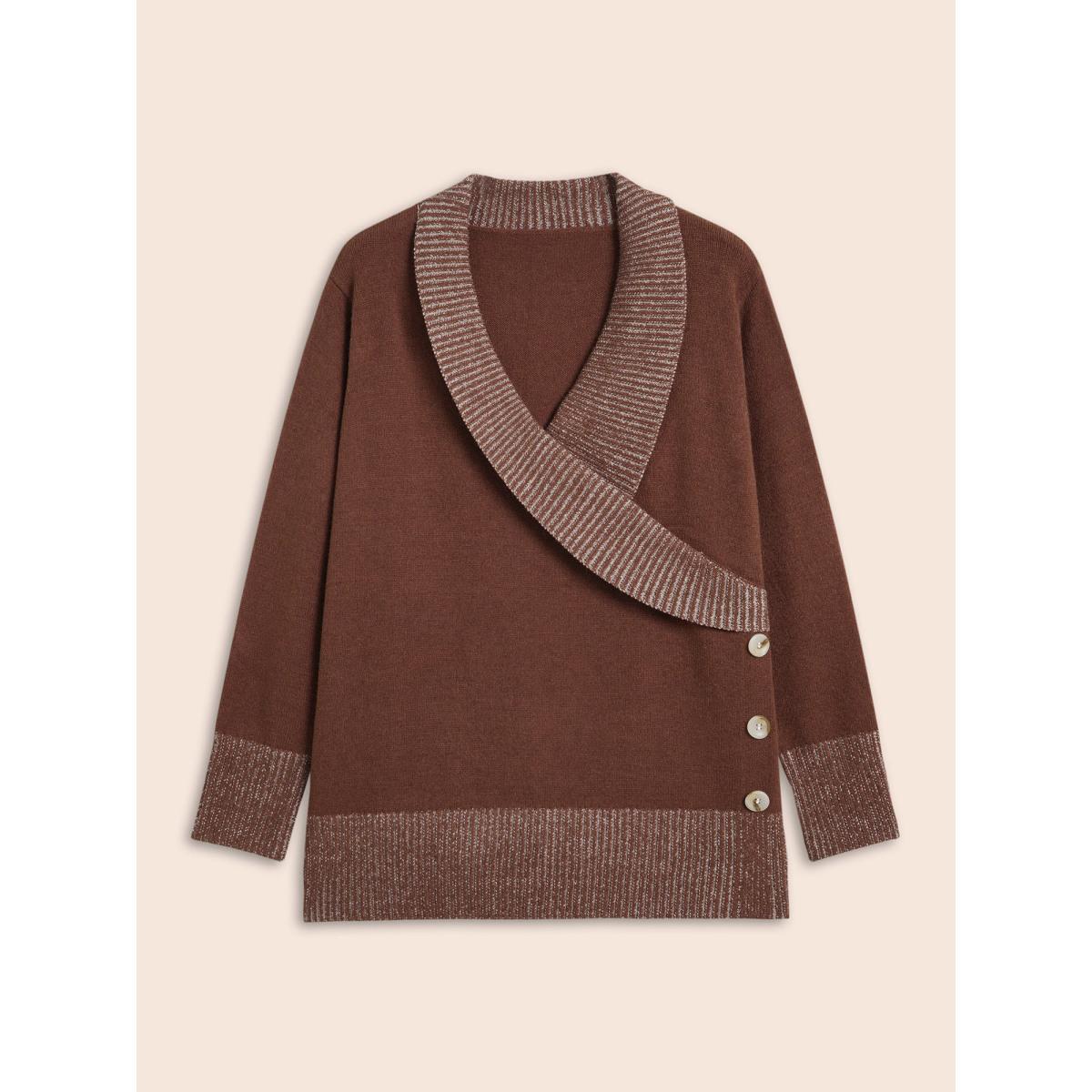 Plus Size Overlap Collar Contrast Button Detail Pullover Rust Women Casual Long Sleeve Overlap Collar Everyday Pullovers BloomChic 22-24/3X Product Image