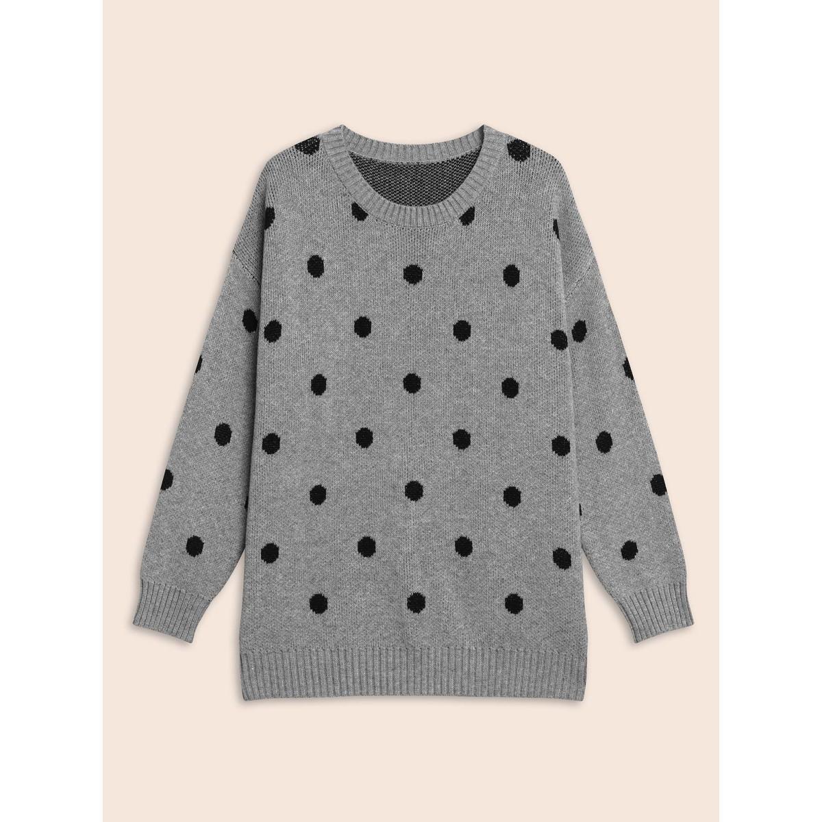 Plus Size Polka Dot Drop Shoulder Sleeve Pullover Mediumgray Women Casual Loose Long Sleeve Round Neck Everyday Pullovers BloomChic 12/L Product Image