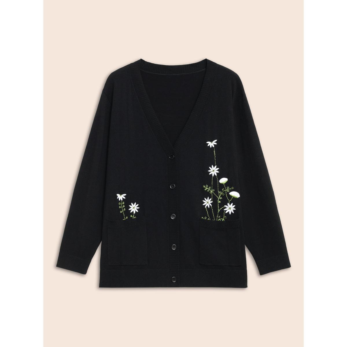 Plus Size Floral Embroidered Patched Pocket Cardigan Black Women Casual Loose Long Sleeve Everyday Cardigans BloomChic 12/L Product Image