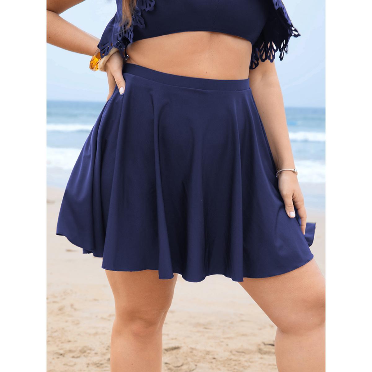 Plus Size Solid Pocket Ruffles Swim Skirt Women's Swimwear Indigo Beach Non High stretch Bodycon High Rise Slanted pocket Curve Swim Bottoms BloomChic 30/6X Product Image