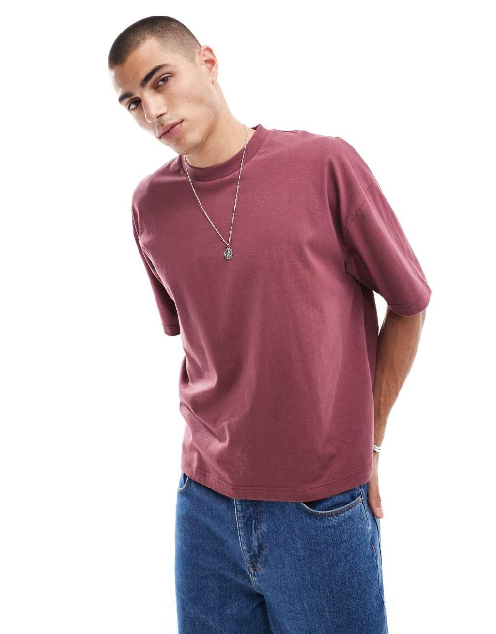 ASOS DESIGN boxy oversized t-shirt with back print in burgundy Product Image
