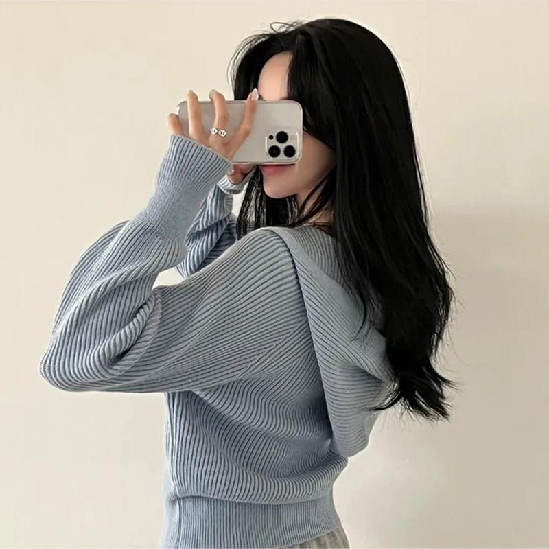 Plain Ribbed Zip-Up Knit Hoodie Product Image