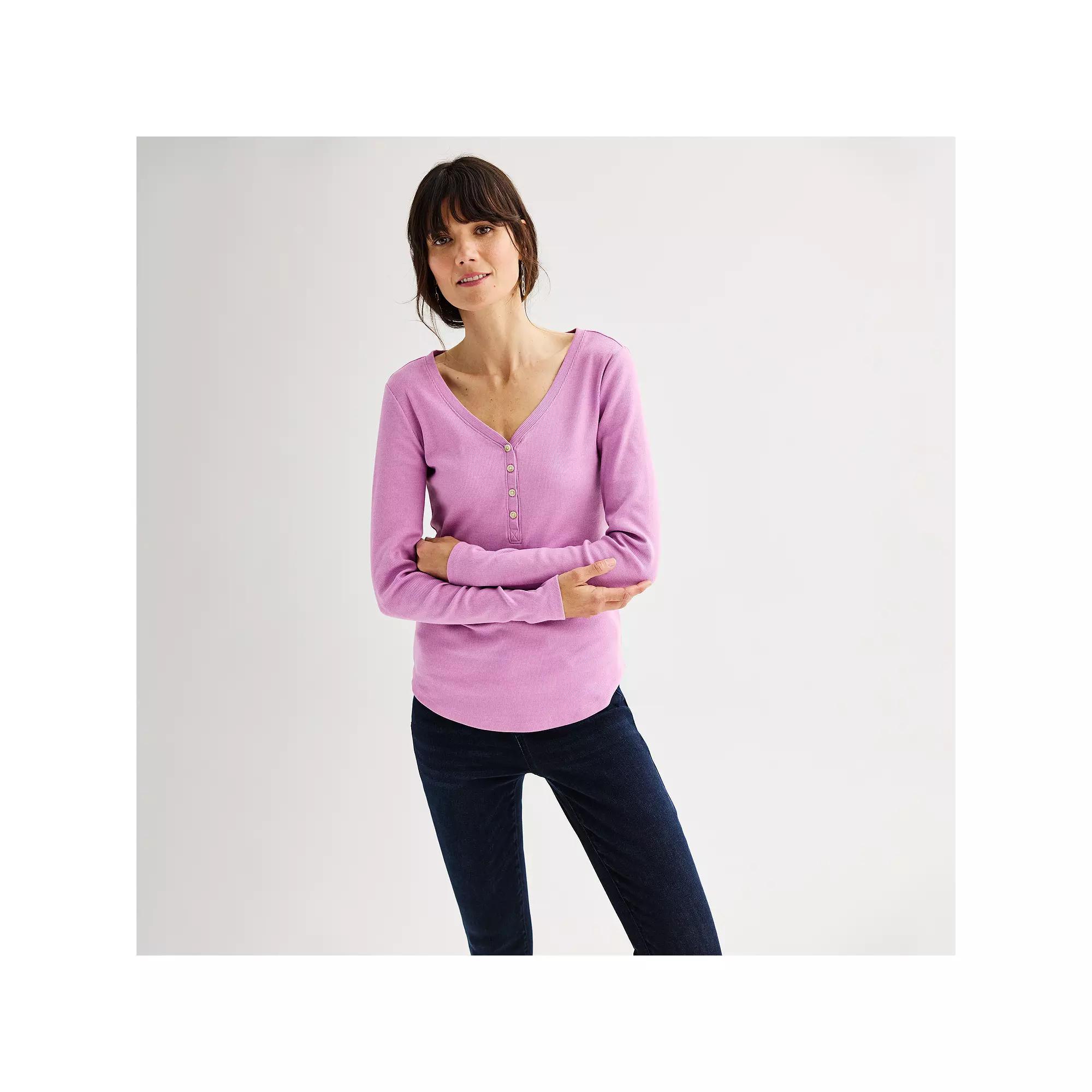 Women's Sonoma Goods For Life® Rib Long Sleeve Henley, Size: Medium, Peanut White Product Image