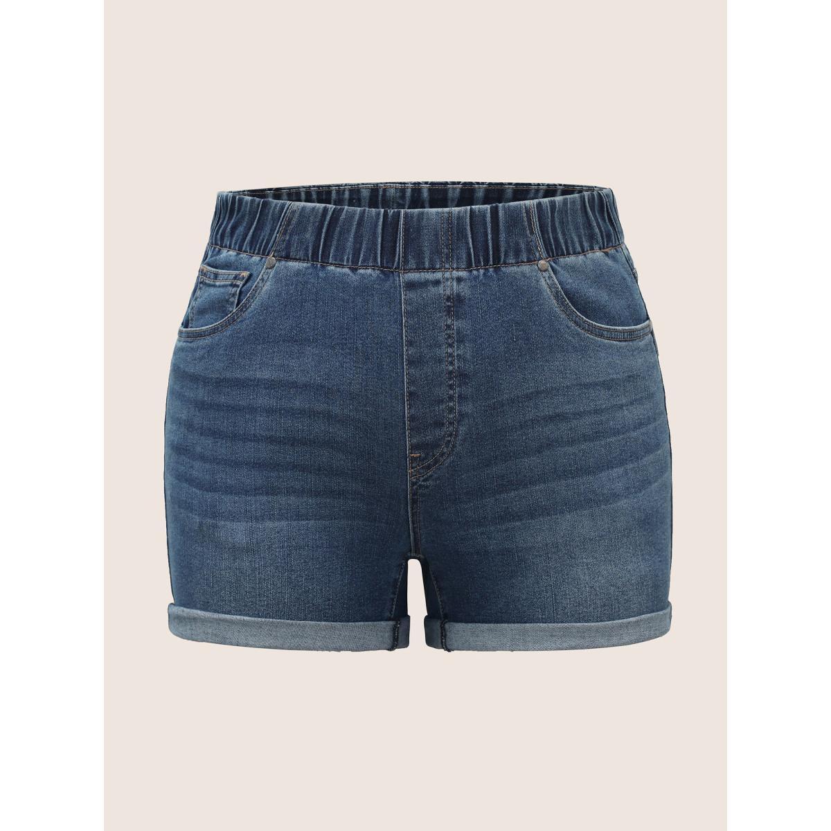 Plus Size Dark Wash Elastic Waist Roll Hem Denim Shorts Women DarkBlue Roll Hem Medium stretch Everyday Slanted pocket Casual Denim Shorts BloomChic 18/2X Product Image