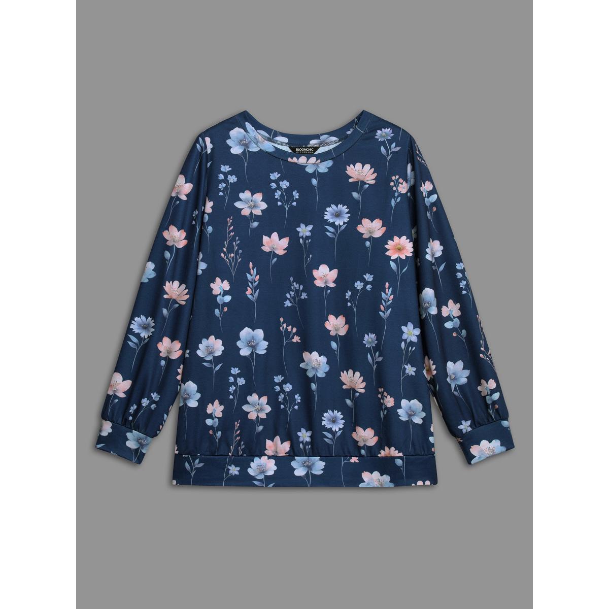 Plus Size Crew Neck Floral Print Sweatshirt Women DarkBlue Casual Contrast Round Neck Everyday Sweatshirts BloomChic 10/M Product Image