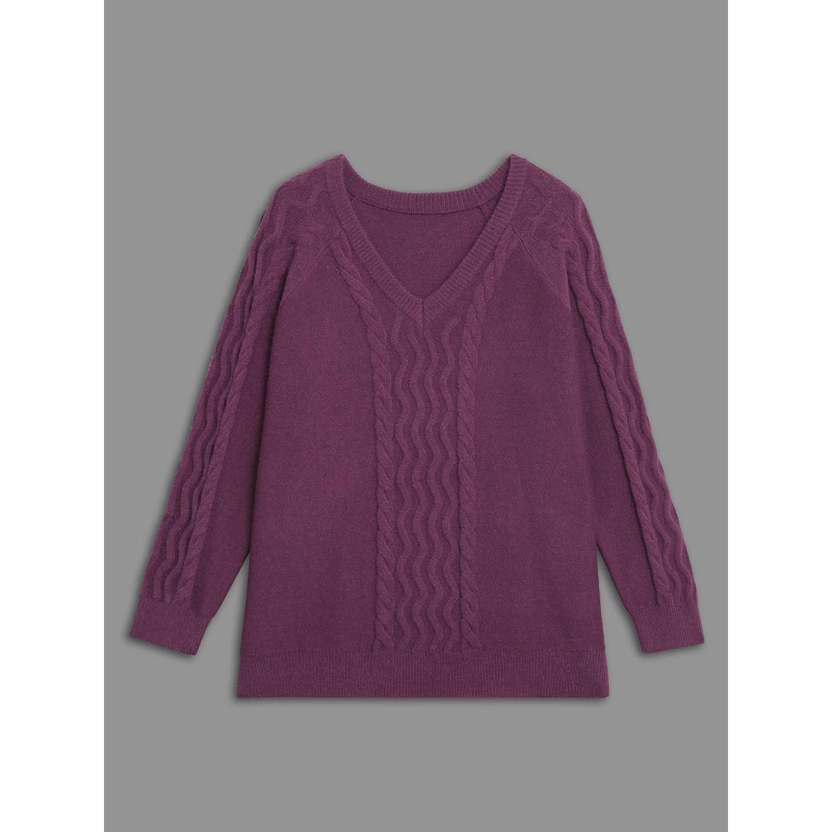 Plus Size Plain V Neck Cable Knit Pullover Deeppurplered Women Casual Loose Long Sleeve V-neck Everyday Pullovers BloomChic 28/5X Product Image
