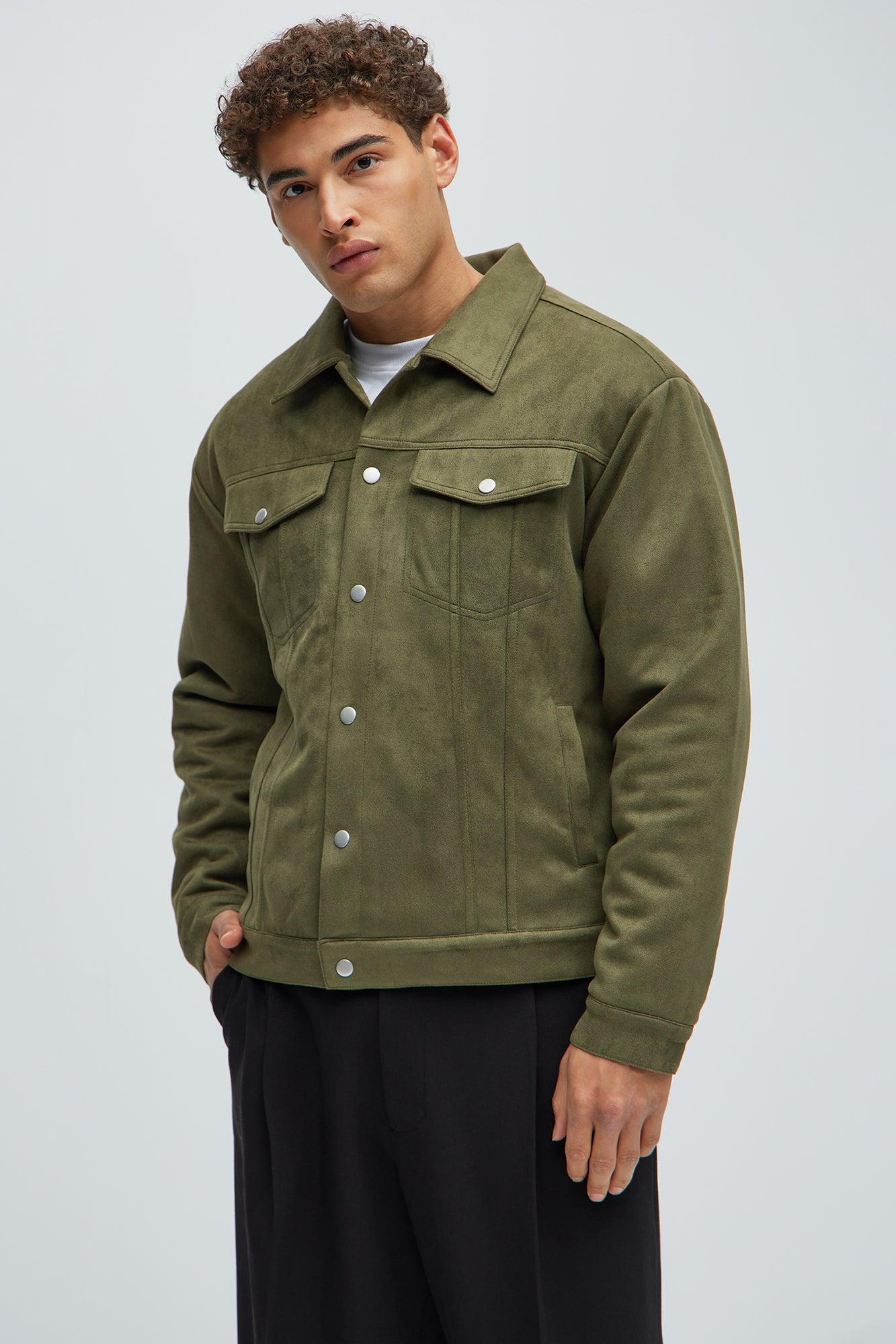 Ardee Faux Suede Padded Trucker Jacket - Olive Product Image