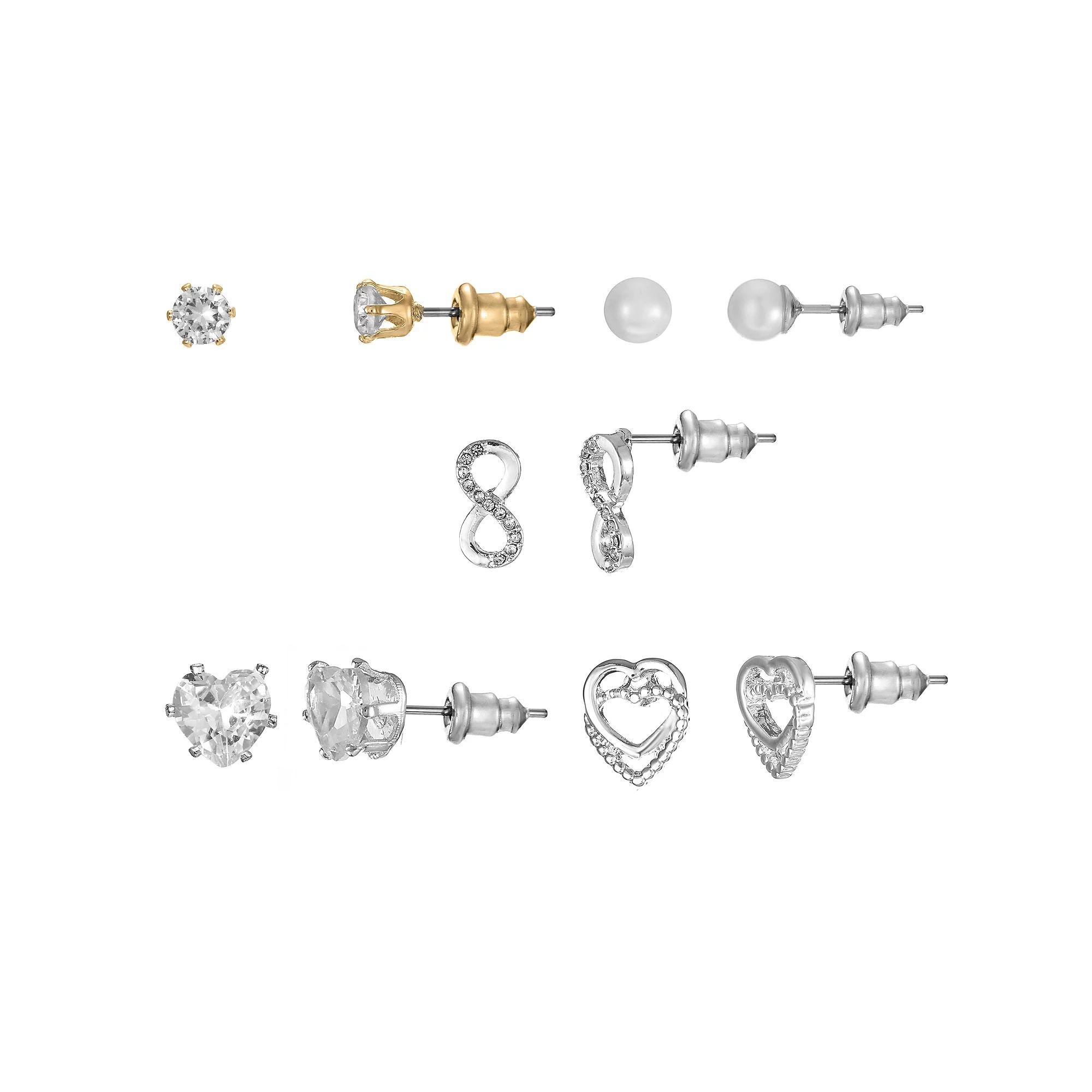 Two-Tone Cubic Zirconia & Simulated Pearl Stud Earrings 5-pack Set, Women's, Silver Tone Clear Product Image