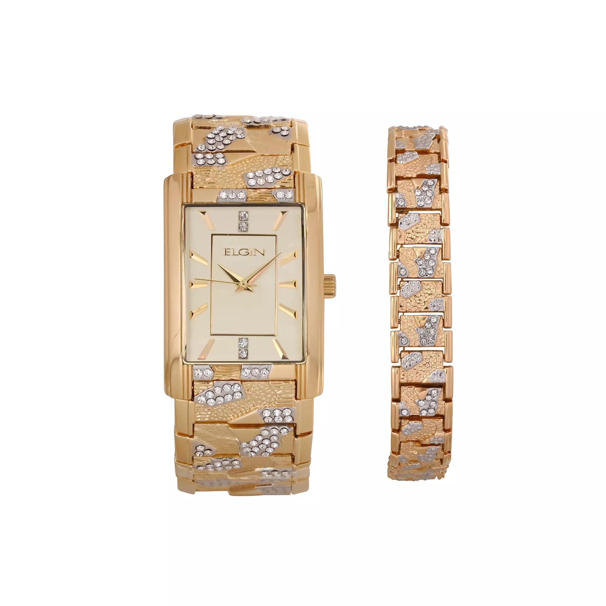 Elgin Mens Crystal Watch & Bracelet Set Gold Tone Product Image