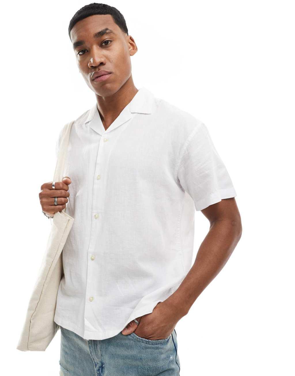 Jack & Jones linen shirt with revere collar in white Product Image