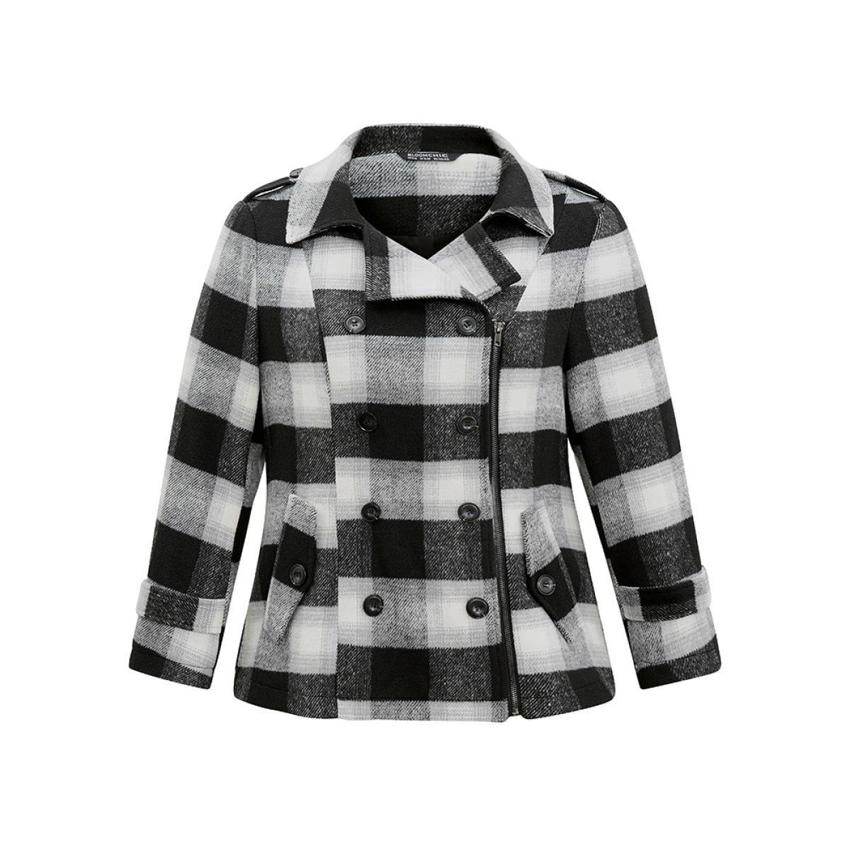 Plus Size Plaid Zipper Fly Double Breasted Detail Coat Women Black Casual Contrast Ladies Dailywear Winter Coats BloomChic 28/5X Product Image