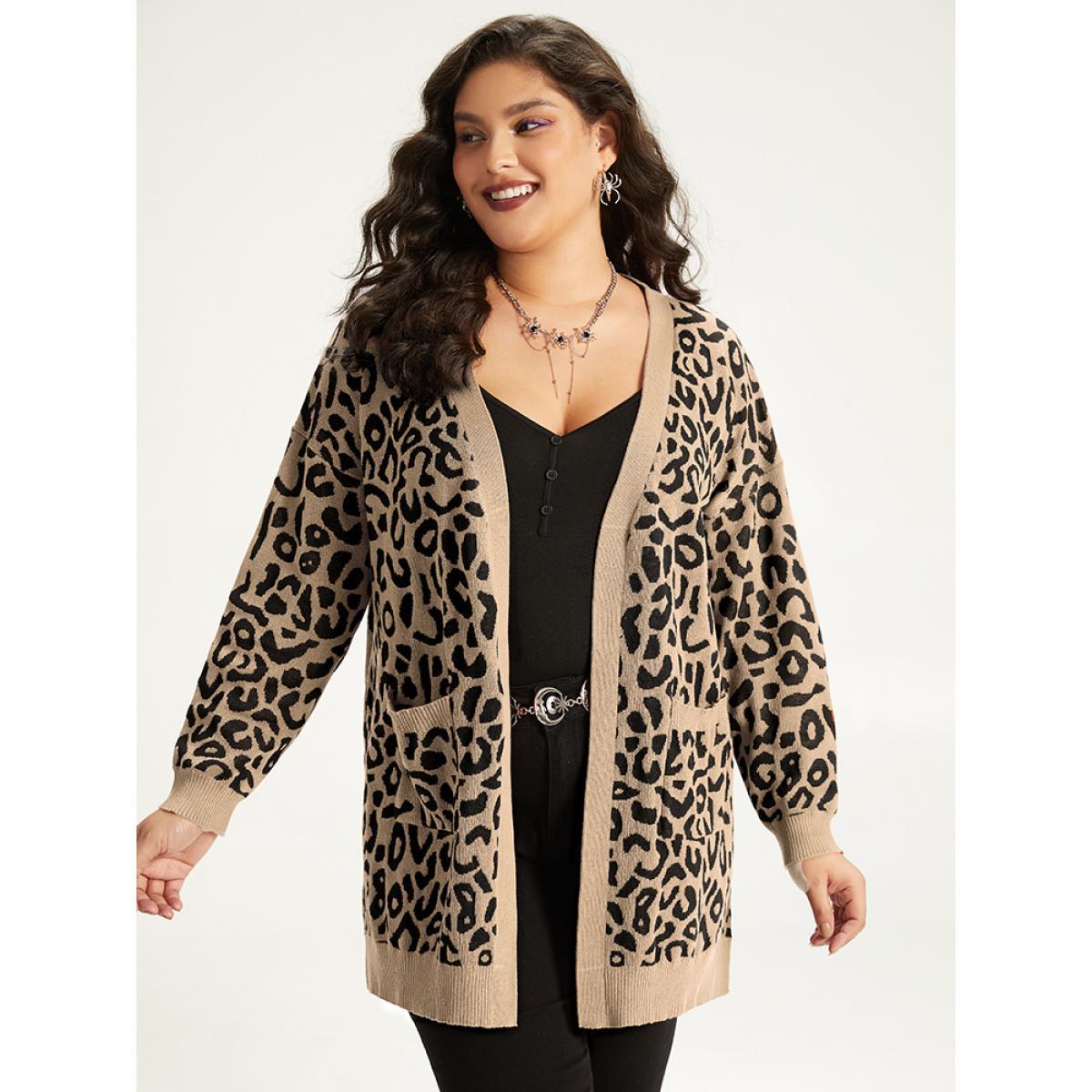 Plus Size Halloween Leopard Print Patched Pocket Split Side Cardigan LightBrown Women Casual Loose Long Sleeve Festival-Halloween Cardigans BloomChic 14-16/1X Product Image