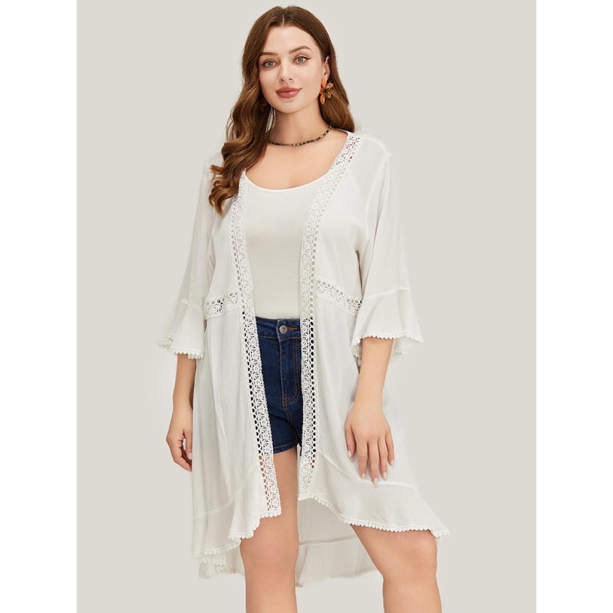 Plus Size Plain Ruffle Sleeve Open Front Eyelet Lace Kimono Women White Vacation Loose Dailywear Kimonos BloomChic 14-16/1X Product Image