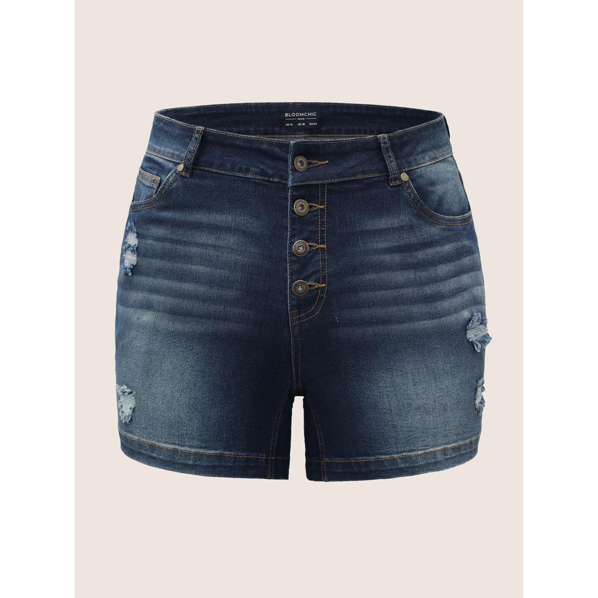 Plus Size Dark Wash Button Up Distressed Denim Shorts Women Midnight Distressed High stretch Everyday Slanted pocket Casual Denim Shorts BloomChic 10/M Product Image