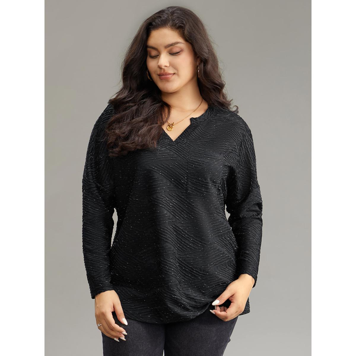 Plus Size Plisse Solid Notched Long Sleeve T-shirt Black Women Casual Texture Plain Notched collar Dailywear T-shirts BloomChic 14-16/1X Product Image