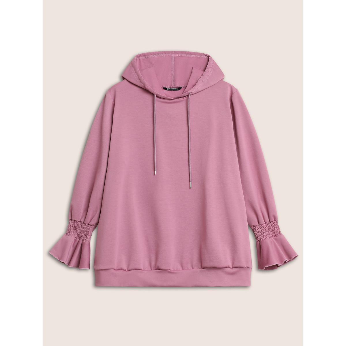 Plus Size Solid Shirred Flounces Hooded Sweatshirt Women DustyPink Casual Plain Hooded Everyday Sweatshirts BloomChic 10/M Product Image