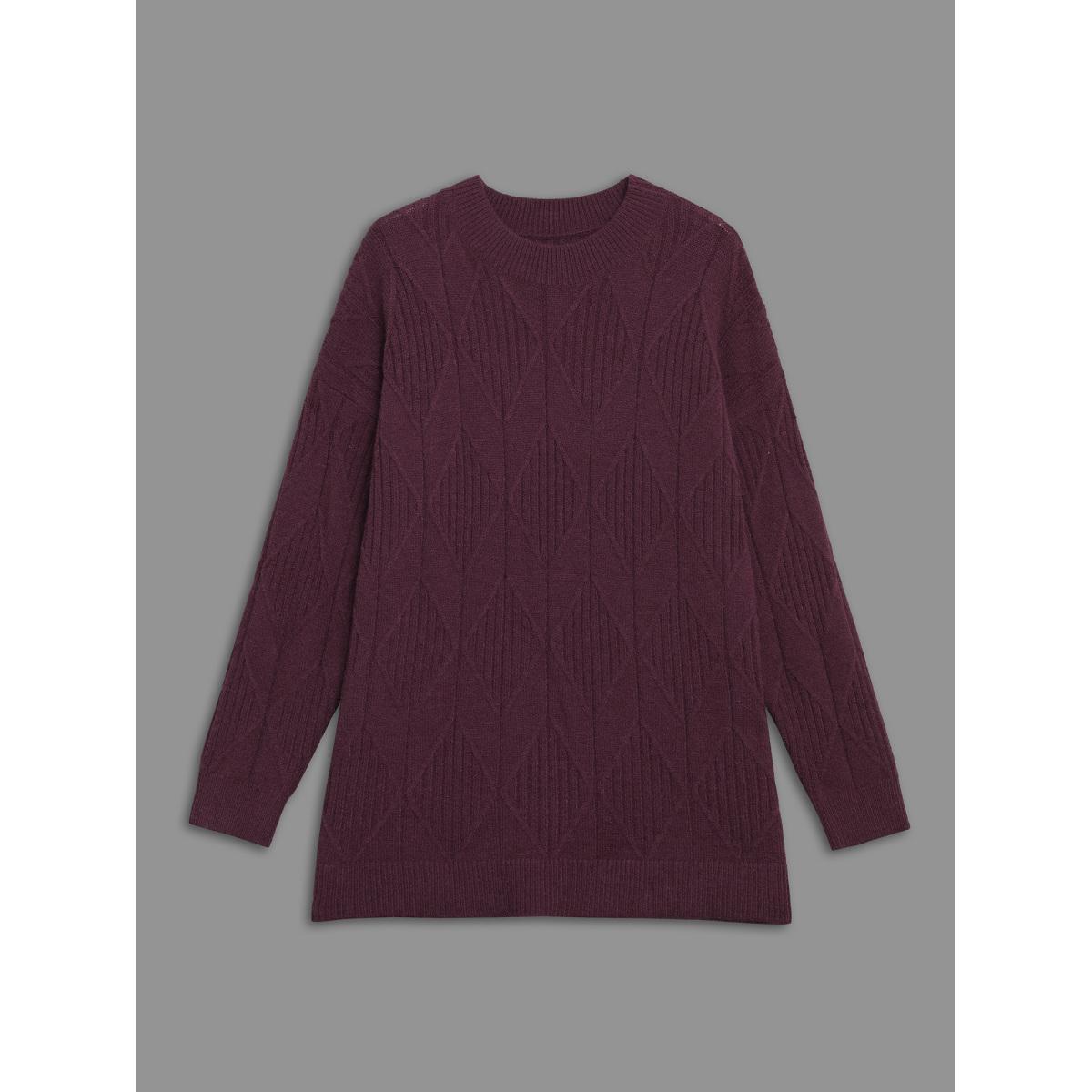 Plus Size Cable Knit Turtleneck Split Hem Pullover Plum Women Casual Loose Long Sleeve Turtleneck Everyday Pullovers BloomChic 18-20/2X Product Image