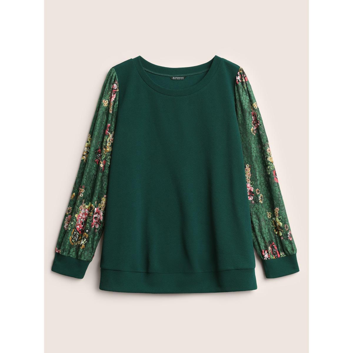 Plus Size Crochet Lace Floral Print Round Neck Sweatshirt Women DarkGreen Elegant Non Round Neck Everyday Sweatshirts BloomChic 18-20/2X Product Image
