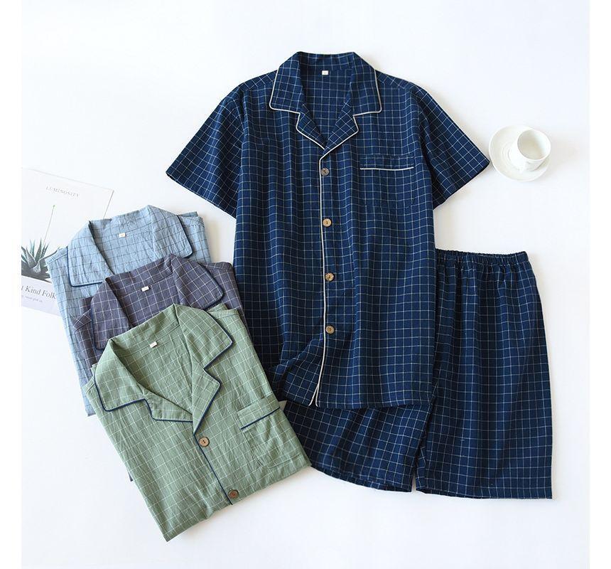 Couple Matching Pajama Set: Short-Sleeve Collared Plaid Top + Elastic Waist Shorts Product Image