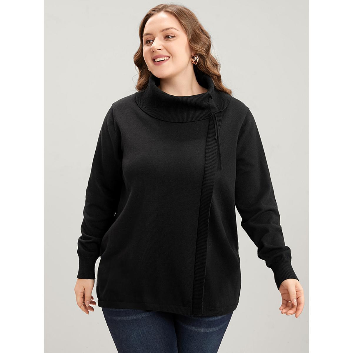 Plus Size Solid Super Soft Knit Tie Funnel Neck Knit Top Black Women Elegant Long Sleeve Turtleneck Dailywear Pullovers BloomChic 26/4X Product Image