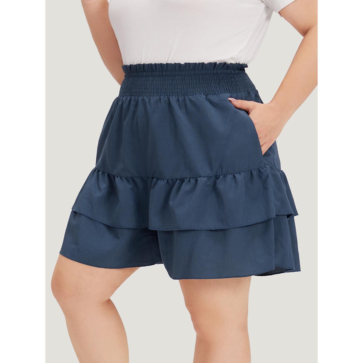 Plus Size Solid Paperbag Waist Shirred Layered Hem Shorts Women Indigo Casual Plain Dailywear Shorts BloomChic 14-16/1X Product Image