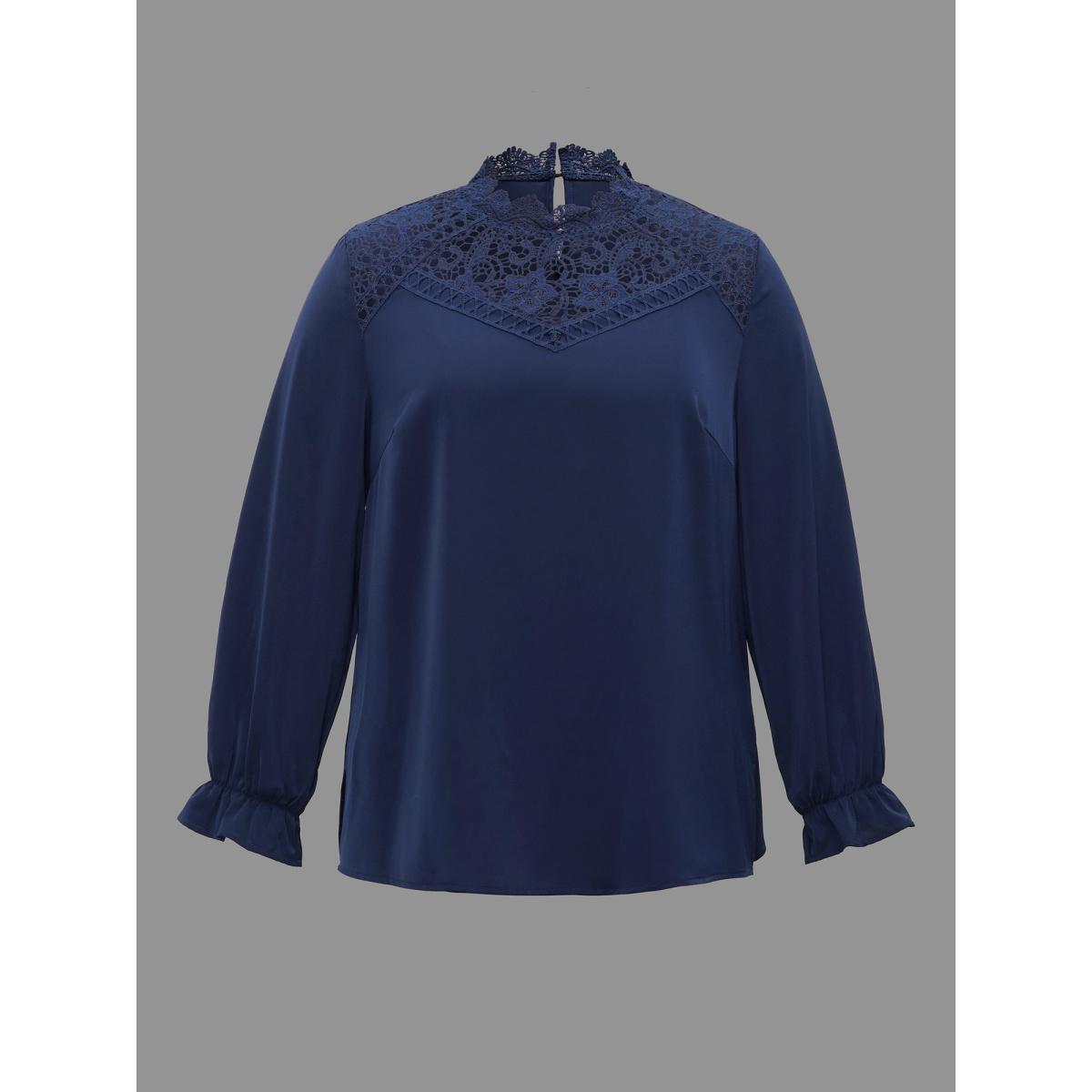 Plus Size Indigo Lace Cut-Out Sheer Stand Collar Blouse Women Elegant Long Sleeve Stand-up collar Everyday Blouses BloomChic 30/6X Product Image