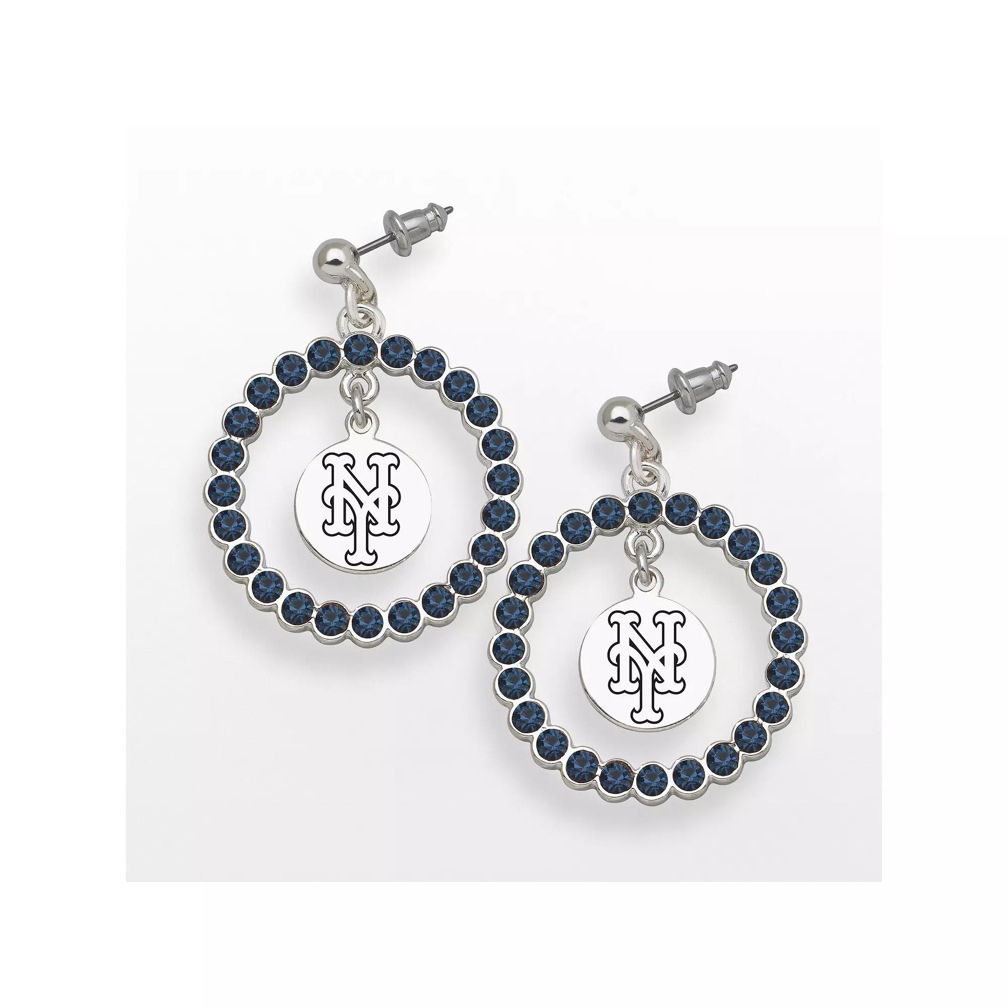 LogoArt New York Mets Silver Tone Crystal Logo Charm Hoop Drop Earrings, Women's, Montana Blue Product Image