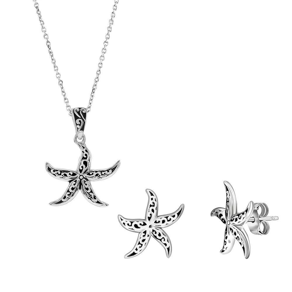 Argento Bella Sterling Silver Oxidized Starfish Earrings & Necklace Set, Women's, Size: 18" Product Image