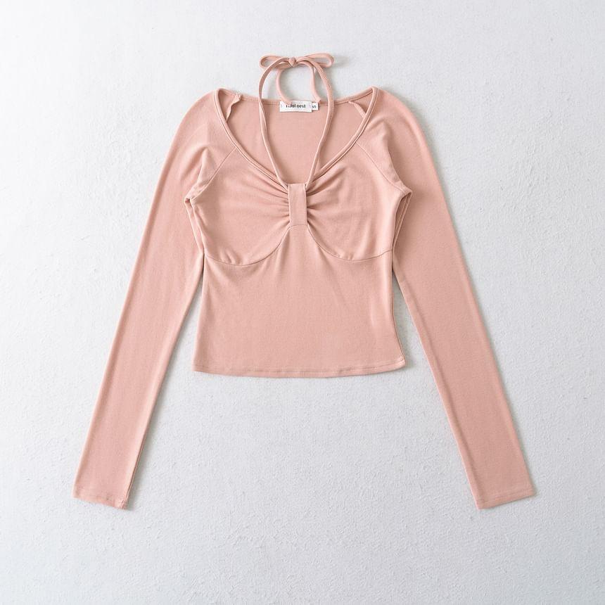 Long-Sleeve Halter Neck Plain Ruched Slim Fit Crop T-Shirt Product Image