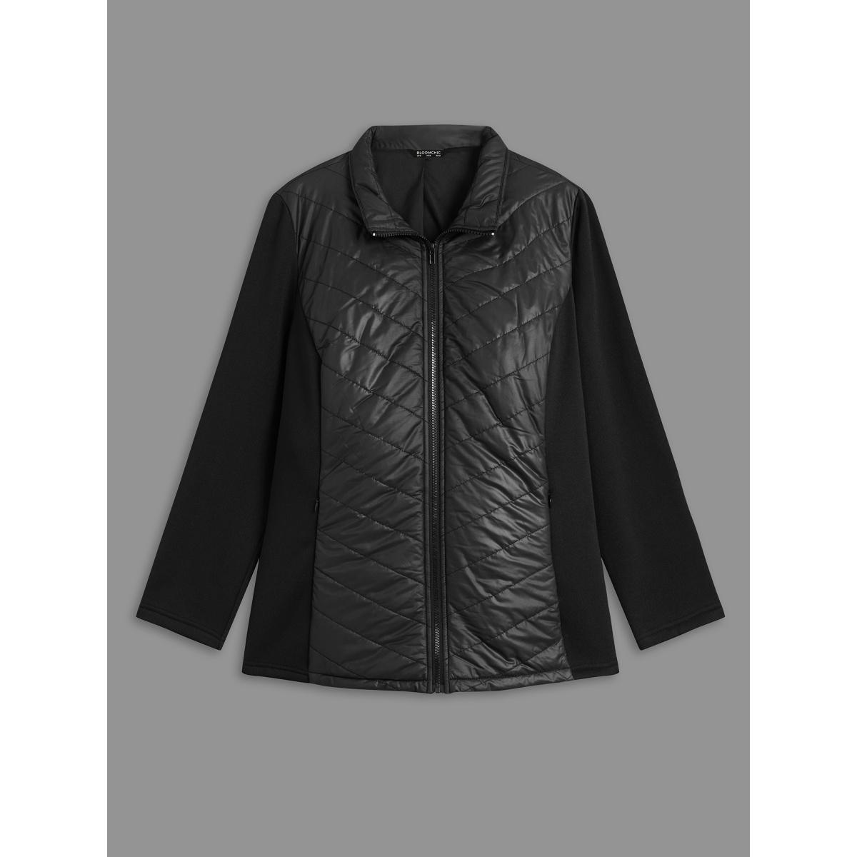 Plus Size Funnel Neck Contrasting Design Zipper Coat Women Black Casual Topstitching Ladies Everyday Winter Coats BloomChic 28/5X Product Image