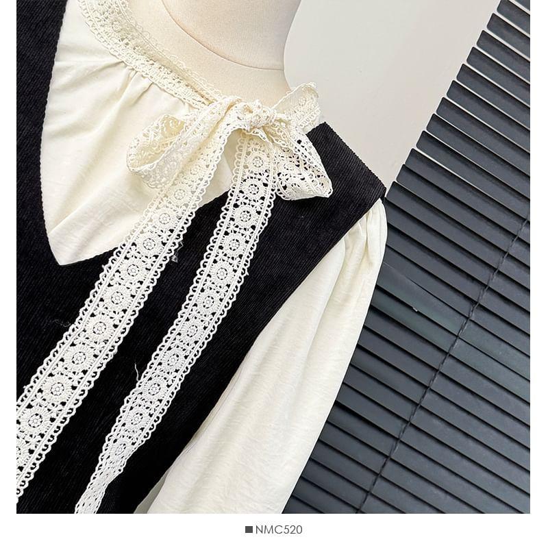 Set: Lace-Trim Loose Blouse + Sleeveless V-Neck Midi Dress with Sash Product Image