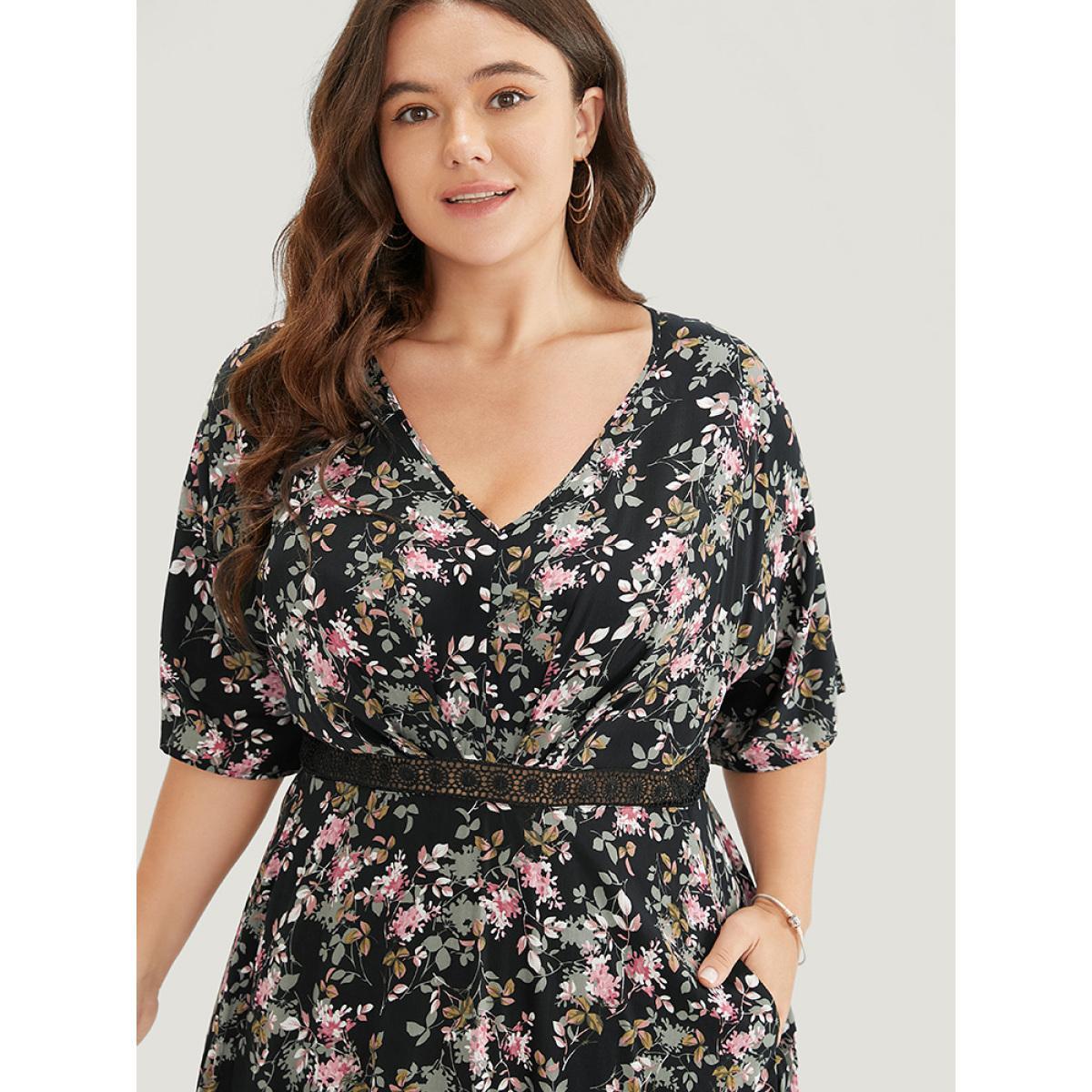 Plus Size Floral Lace Insert Dolman Sleeve Pocket Ruffle High Low Dress Black Women Elegant Lace V-neck Short sleeve Curvy Midi Dress BloomChic 12/L Product Image
