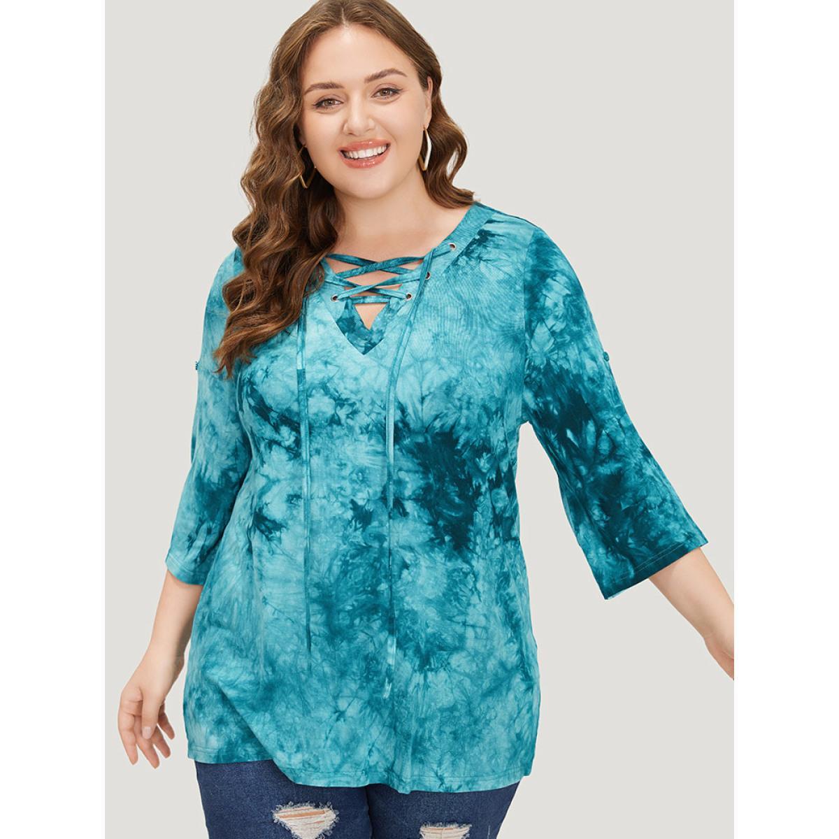 Plus Size Tie Dye Roll Sleeve Lace Up T-shirt Cerulean Women Casual Tie Dye V-neck Dailywear T-shirts BloomChic 26/4X Product Image