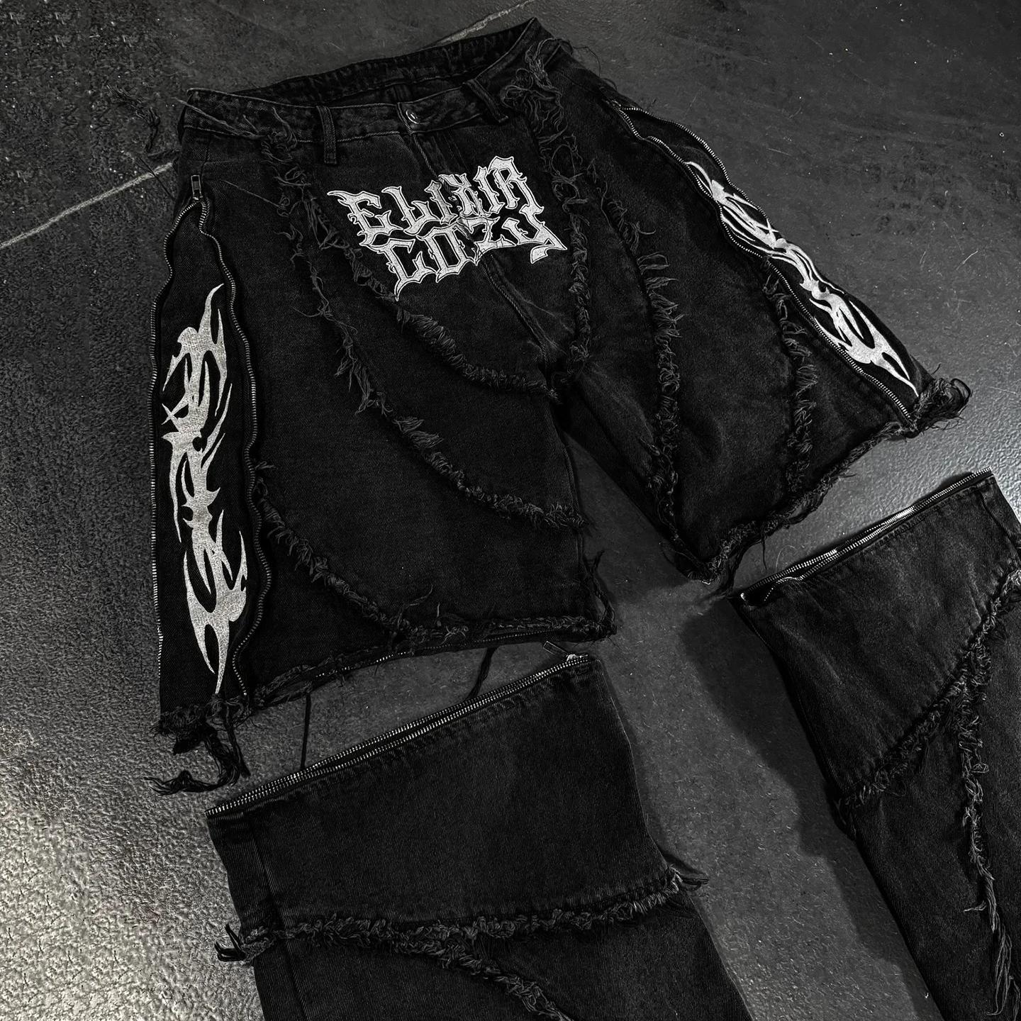 Hiphop Flame Distressed And Removable Denim Baggy Jeans Product Image