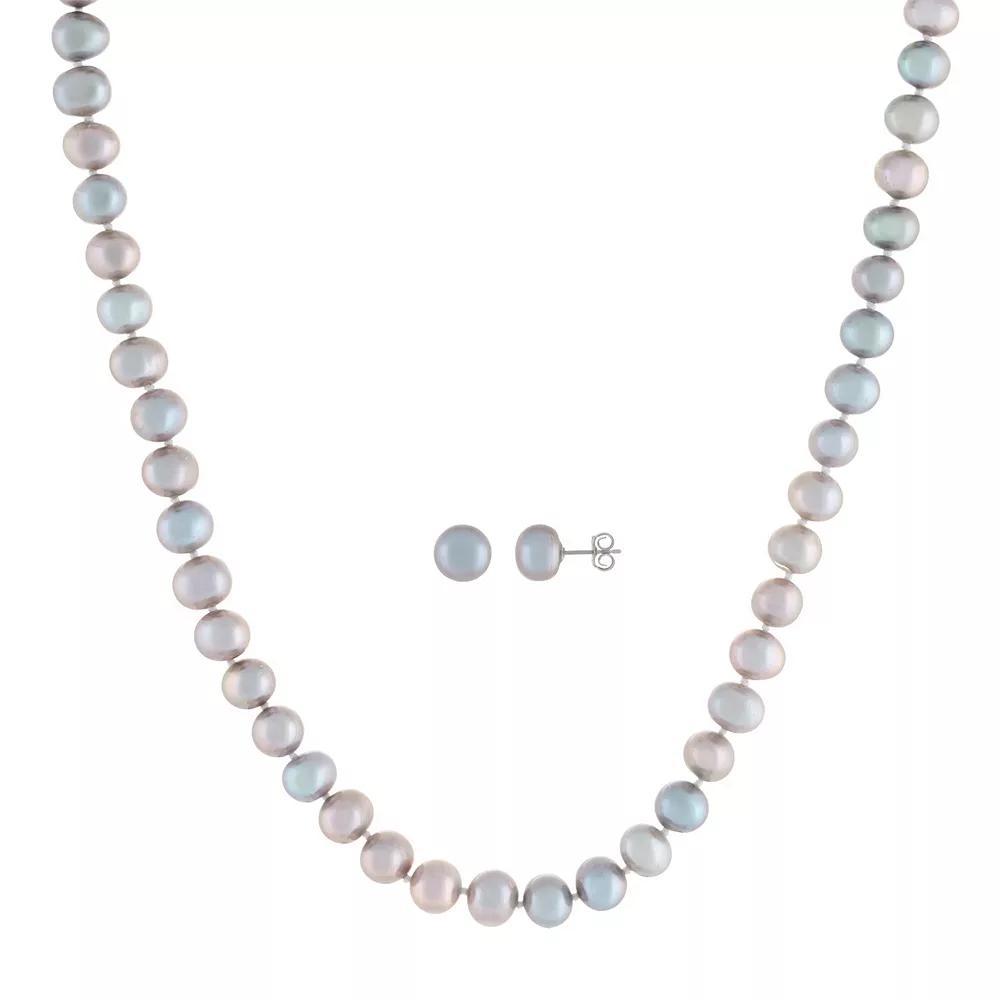 Sterling Silver 2-Piece Dyed Gray Freshwater Cultured Pearl Necklace & Earring Set, Women's, Size: 18" Product Image