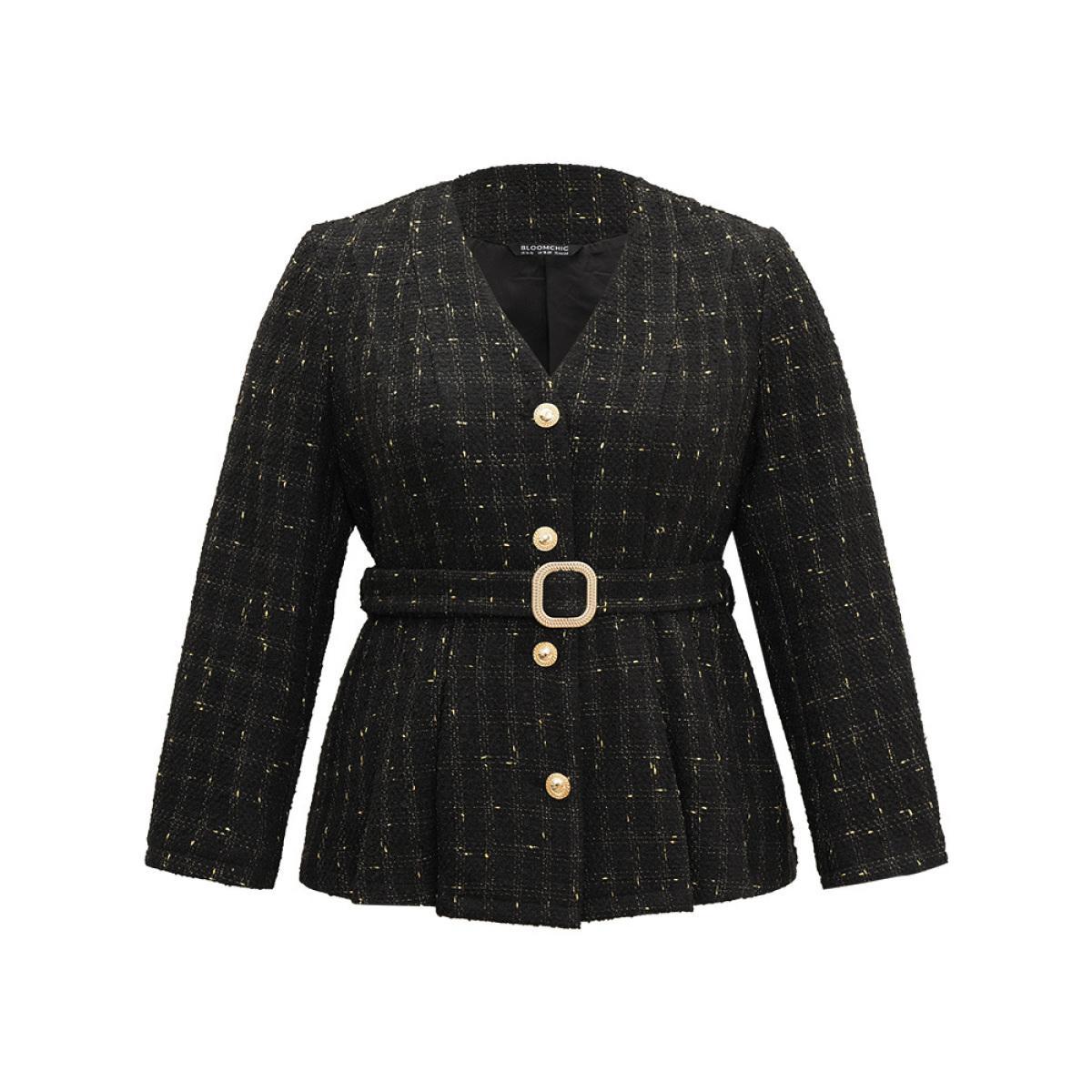 Plus Size Tweed Metal Detail Belted V Neck Blazer Black Women Dailywear Plain Sleeve Long Sleeve V-neck 14-16/1X Pocket Belt Elegant Blazers BloomChic Product Image